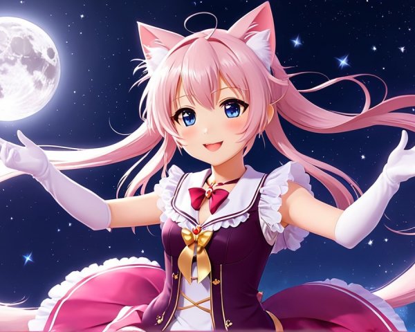 Cheerful anime girl with pink hair and cat ears
