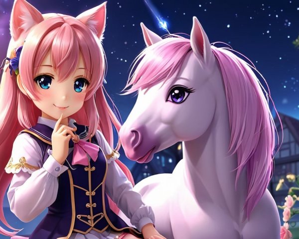 Whimsical Scene of Girl with Unicorn Under Stars