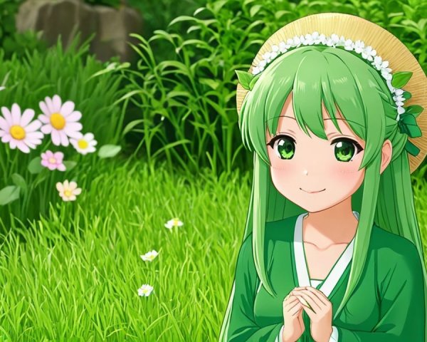 Cheerful Anime Girl in a Lush Green Garden