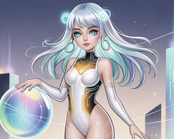 Digital Painting of a Woman in Futuristic Cityscape