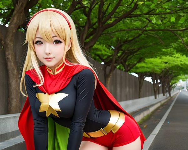 Young woman in superhero costume on tree-lined street