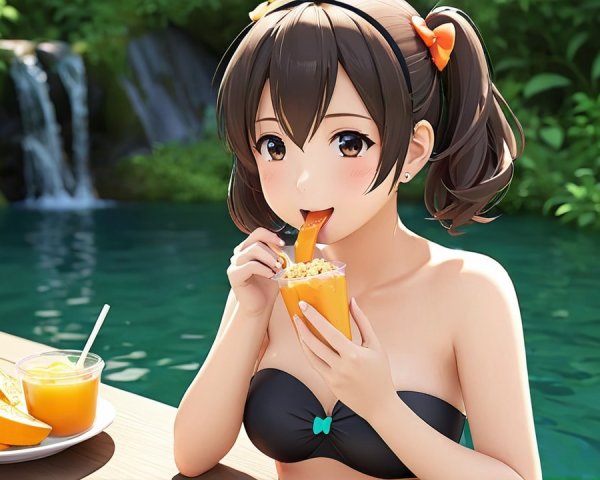 Young girl with orange dessert by poolside oasis