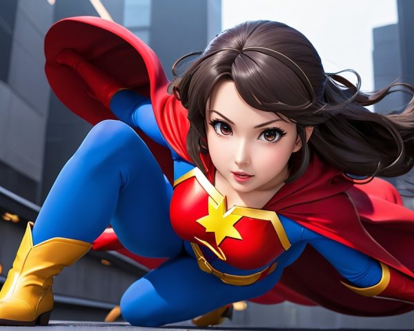 Dynamic Superheroine in Blue and Red Outfit