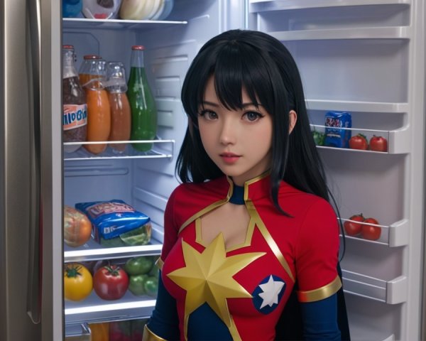 Young Woman in Superhero Costume in Colorful Kitchen