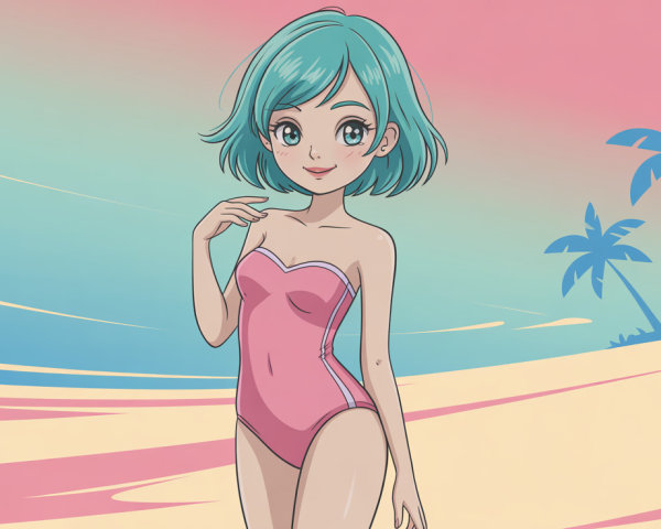 Chibi anime girl in swimsuit on sunset beach scene