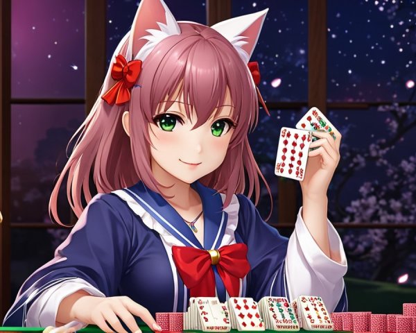 Anime Girl with Cat Ears Playing Cards at Night
