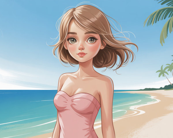 Detailed Illustration of a Young Girl on a Beach