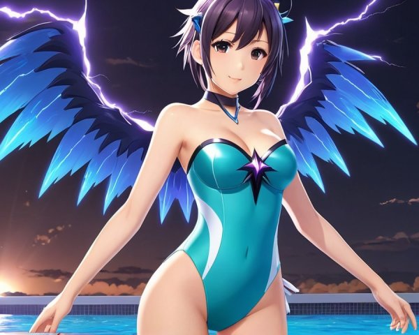 Character with Blue Wings by Pool at Sunset