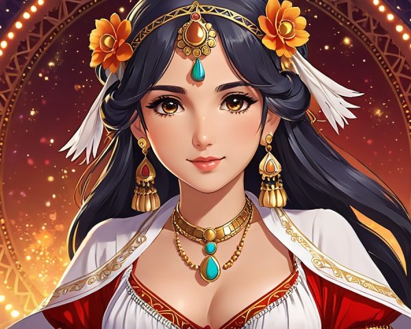 Illustration of a Woman with Flowers and Turquoise Jewelry