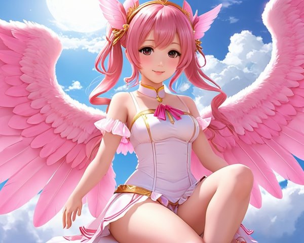 Whimsical Character with Pink Wings in Fluffy Clouds