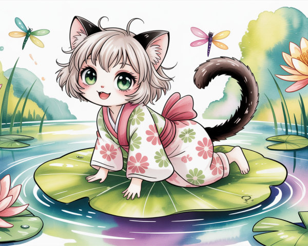 Watercolor of anime cat girl in floral kimono on lily pad