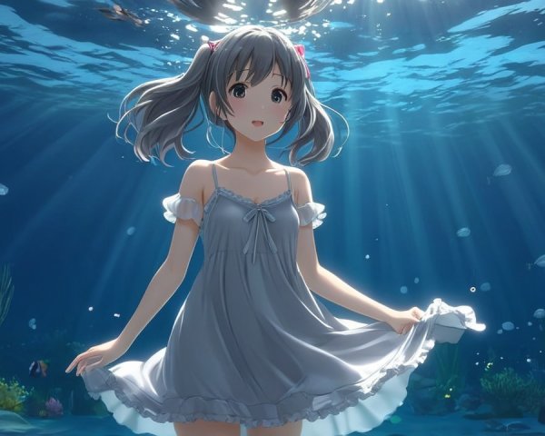 Young girl with gray hair swims in underwater paradise