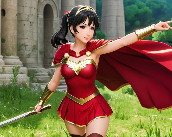 Heroic female figure in lush landscape with sword raised