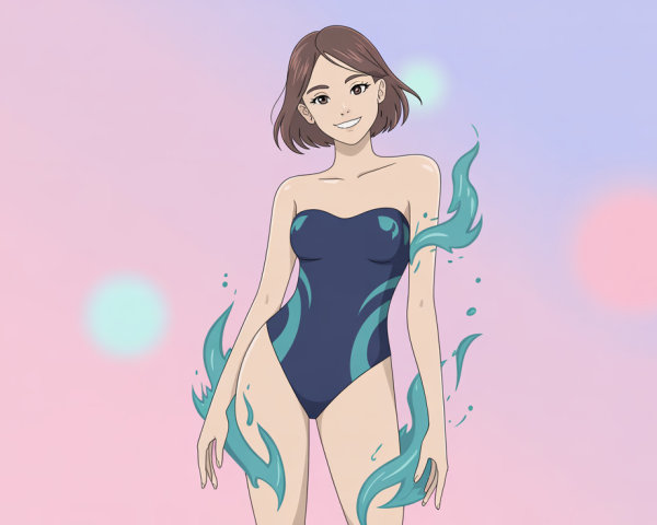 Anime-style woman in swimsuit with dynamic water splashes