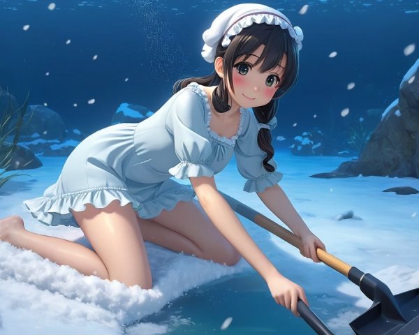 Young girl in blue dress playing in snowy underwater scene