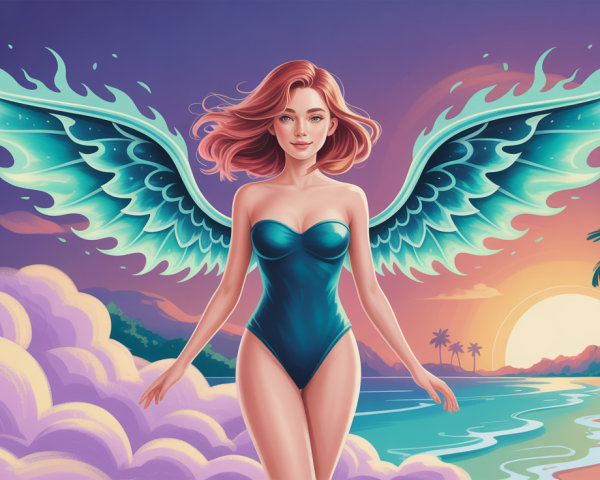 Ethereal Woman with Pink Hair at Mystical Beach Sunset