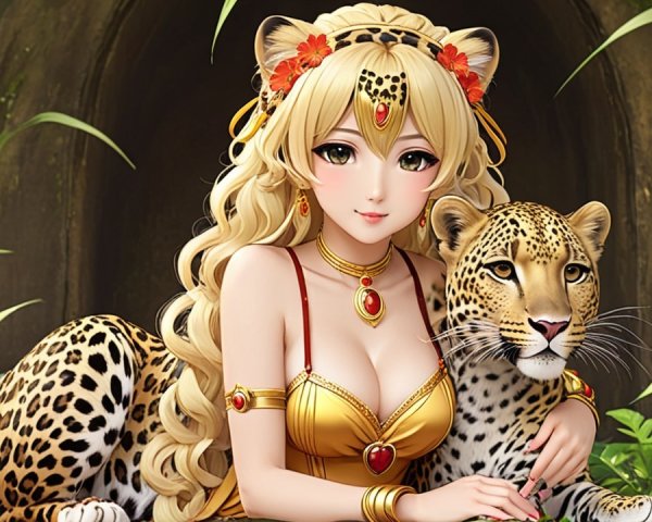 Fantasy Character with Blonde Hair and Leopard Companion