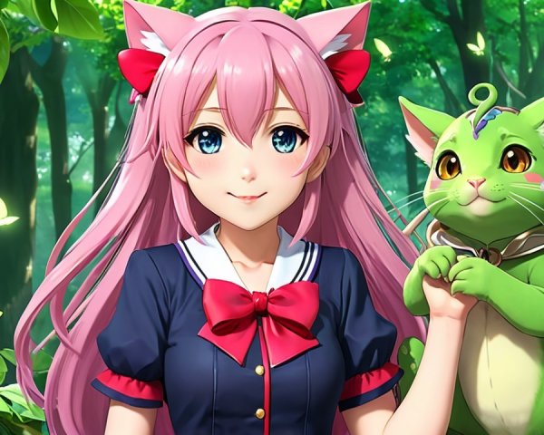 Cheerful girl with pink hair and whimsical creature in forest