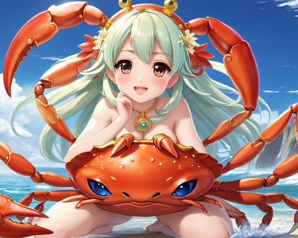 Cheerful girl with green hair and cartoon crab on beach