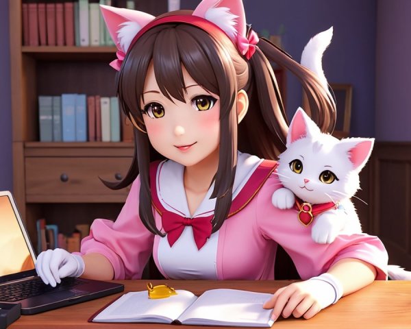 Cheerful woman with cat ears at a cozy desk setup