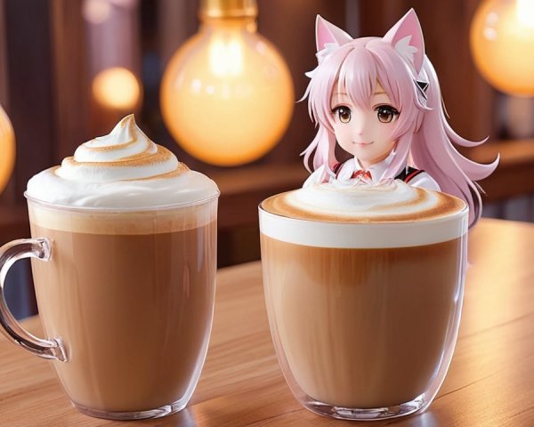 Frothy Coffee Cups with Anime Figure and Cozy Lighting