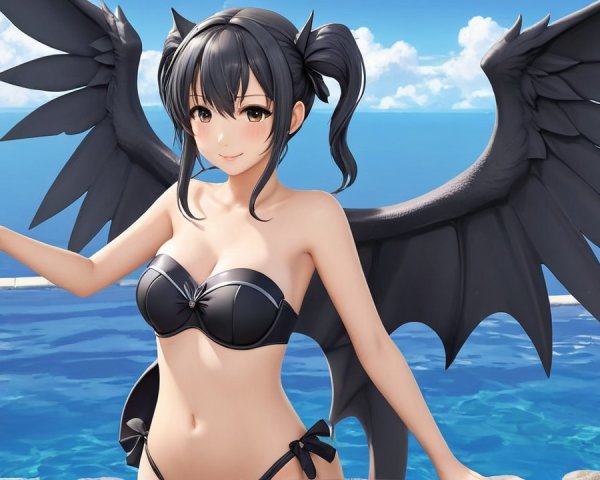 Stylized character with black wings by vibrant pool