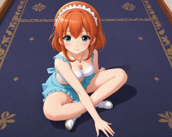 Cheerful anime character with orange curls in blue outfit