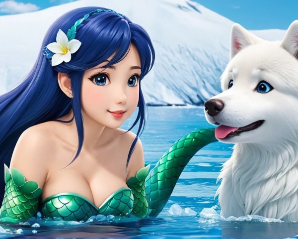 Mermaid and Samoyed in a Fairy-Tale Landscape