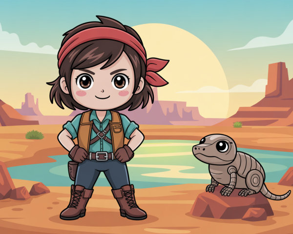 Cartoon Illustration of Girl Explorer in Desert Scene