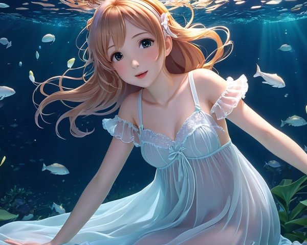 Underwater Scene with Woman in White Dress and Fish