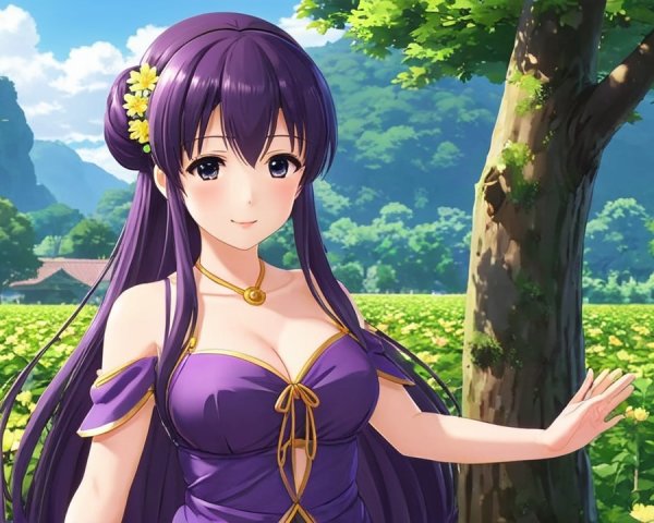 Young Woman in Purple Dress in Vibrant Green Field