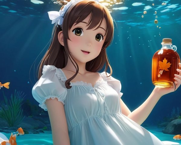 Underwater Scene with Young Woman and Goldfish