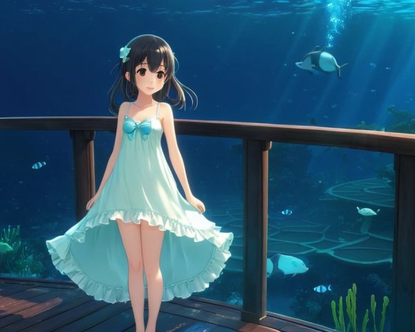 Young girl on platform above vibrant underwater scene