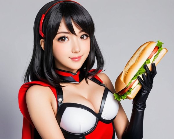 Cheerful character with sandwich in stylish outfit