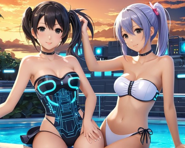 Anime Characters by Poolside in Futuristic Setting
