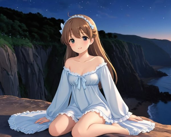 Serene Anime Scene of Girl by Ocean at Sunset