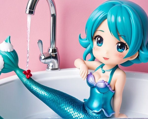 Stylized Mermaid Figure in Bathtub with Pastel Background