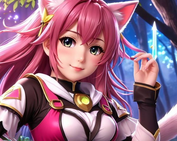 Fantasy Character with Pink Hair in Magical Forest
