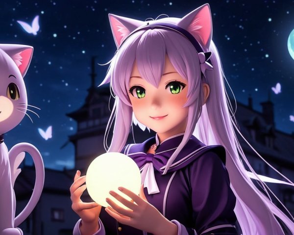 Young girl with lavender hair and glowing orb in night sky