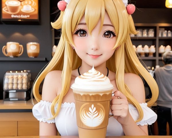 Cheerful anime girl in café with latte and stylish decor
