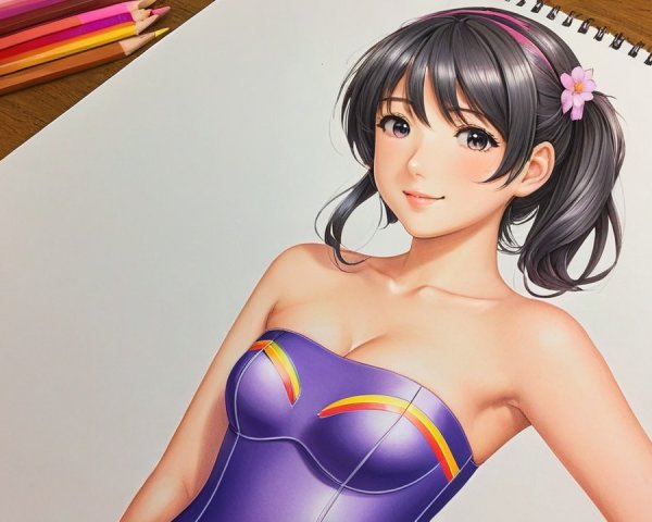 Illustrated character with flower and colored pencils