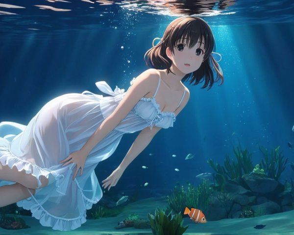 Young girl in white dress swimming underwater with fish