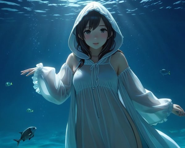 Underwater Scene with Girl in White Dress and Fish