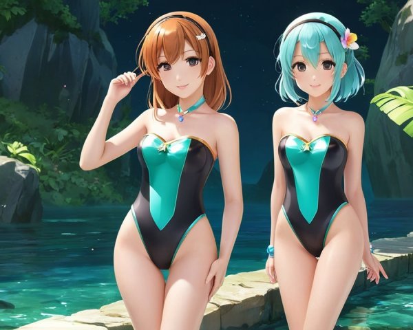 Animated Characters by a Shimmering Pool at Night