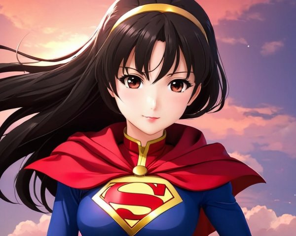 Confident Young Woman in Superhero Costume Against Sky
