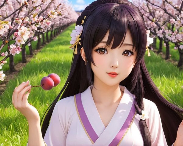 Young Woman in Cherry Blossom Orchard with Fruits