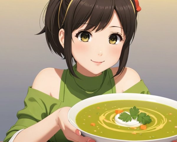 Cheerful Character Holding Bowl of Green Vegetable Soup