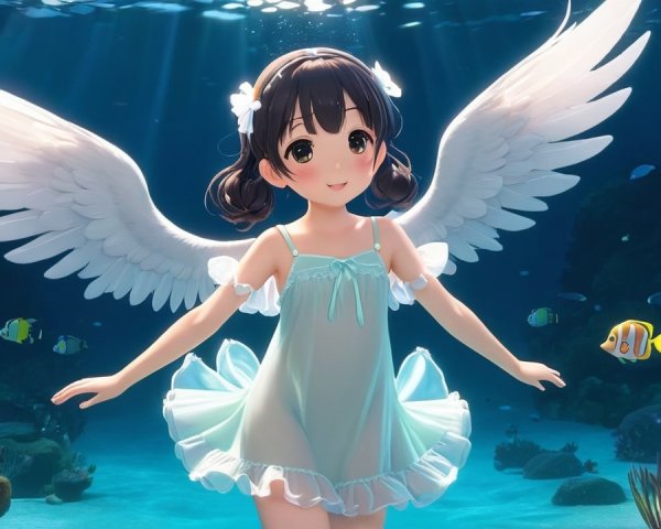 Anime girl with angelic wings swimming underwater