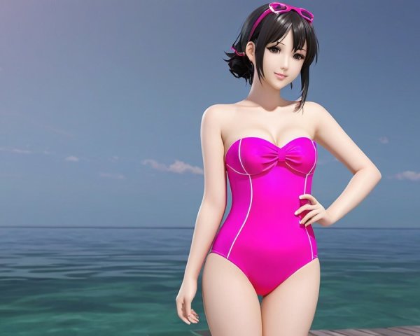 Young Woman in Pink Swimsuit on Pier by Ocean