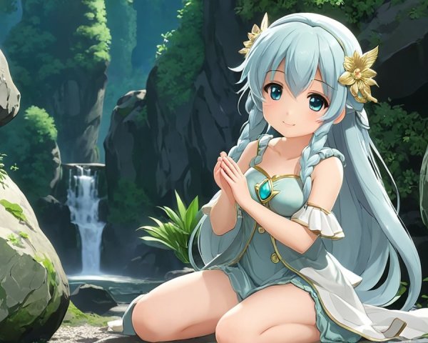 Serene Girl by Waterfall in Lush Greenery